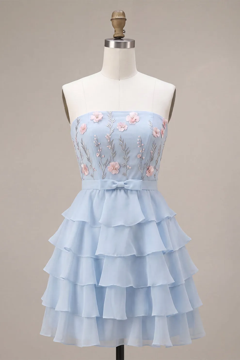 Sky Blue Floral Ruffled Tiered Strapless A-Line Short Homecoming Dress with Bow
