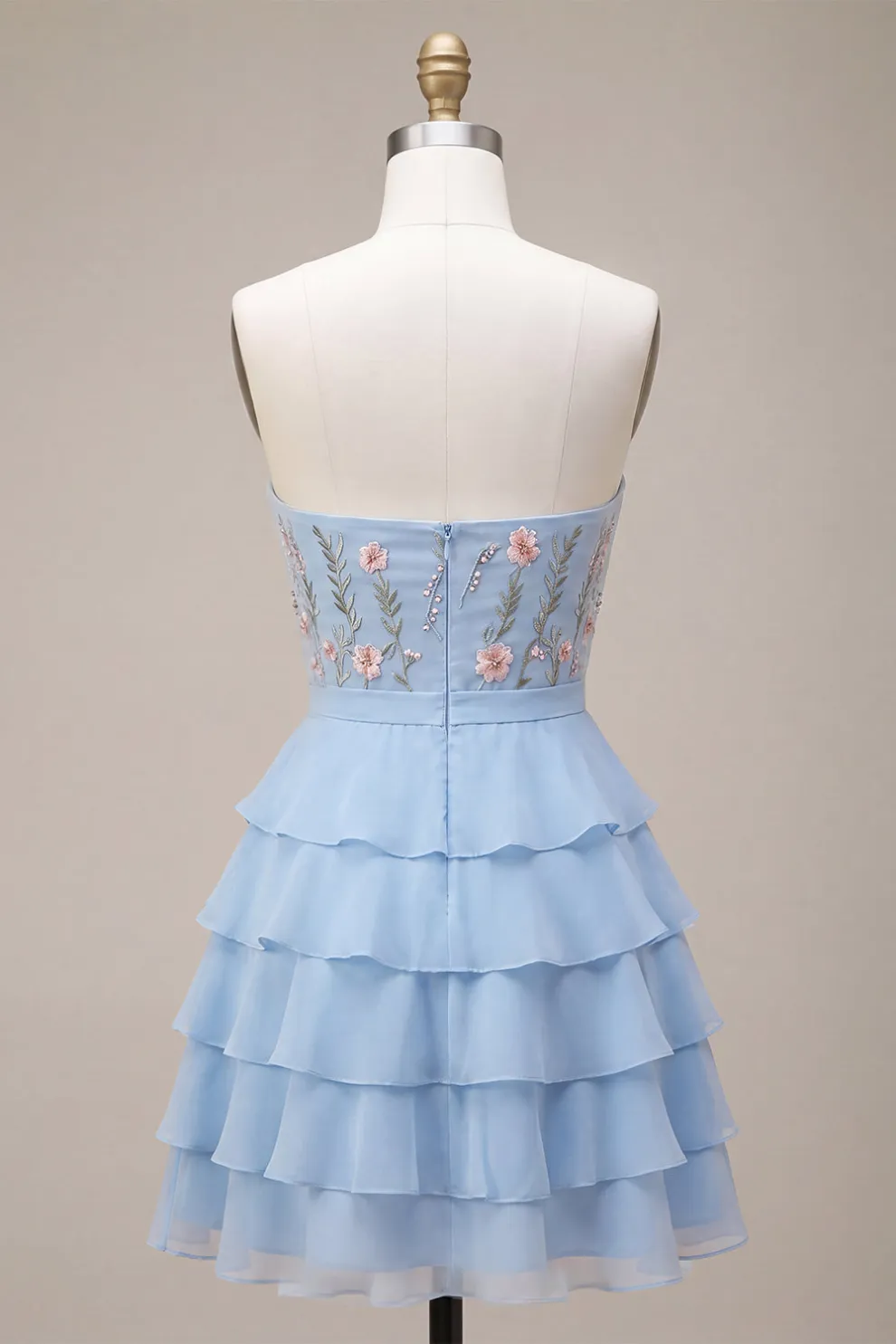 Sky Blue Floral Ruffled Tiered Strapless A-Line Short Homecoming Dress with Bow