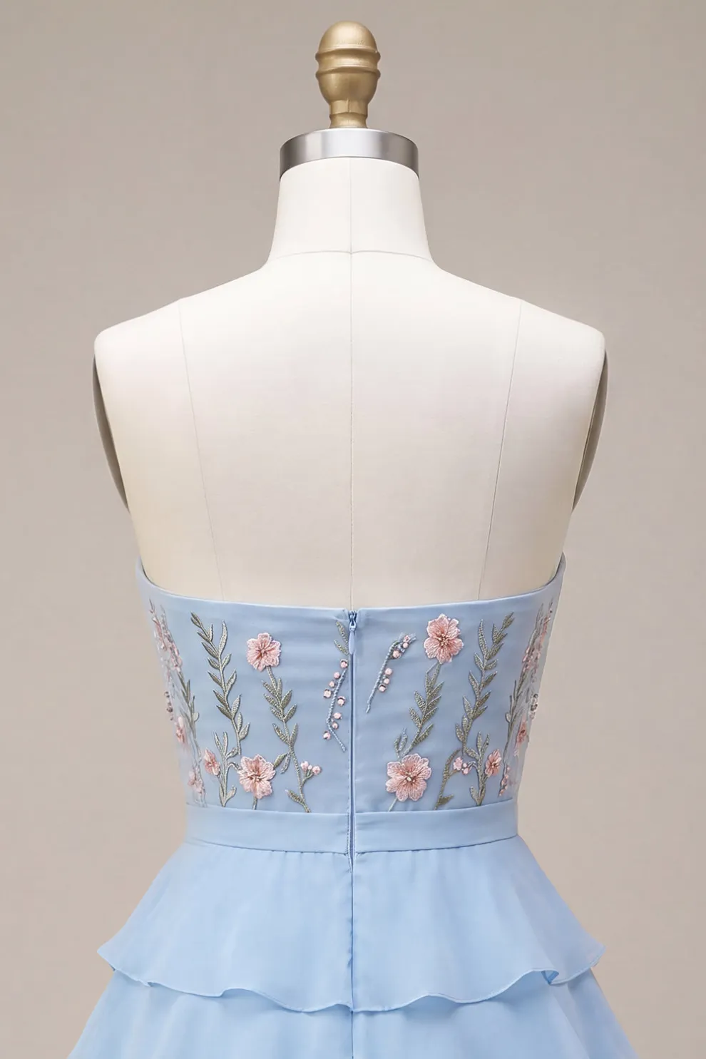 Sky Blue Floral Ruffled Tiered Strapless A-Line Short Homecoming Dress with Bow