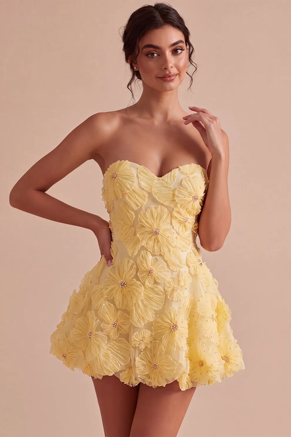 Sparkly Beaded Light Yellow Floral Sweetheart A-Line Short Homecoming Dress