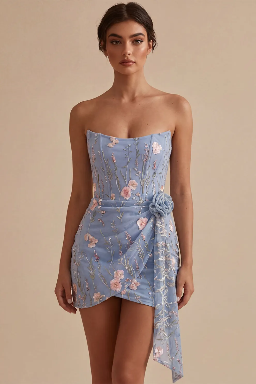 Light Blue Floral Bodycon Ruched Short Homecoming Dress with Sash