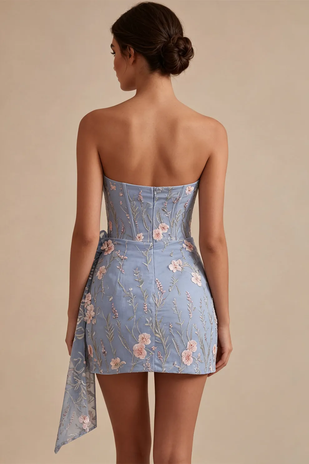 Light Blue Floral Bodycon Ruched Short Homecoming Dress with Sash