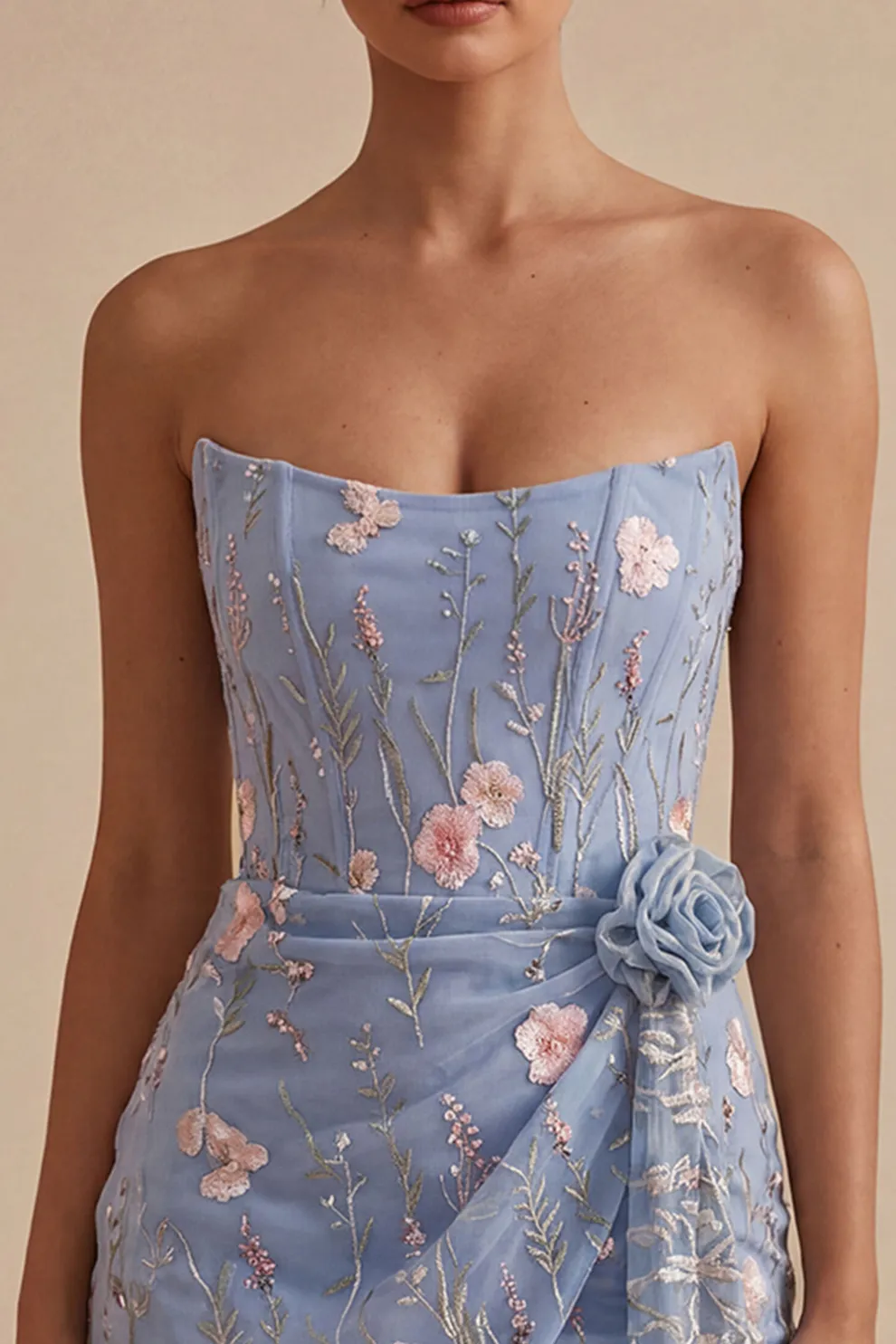 Light Blue Floral Bodycon Ruched Short Homecoming Dress with Sash