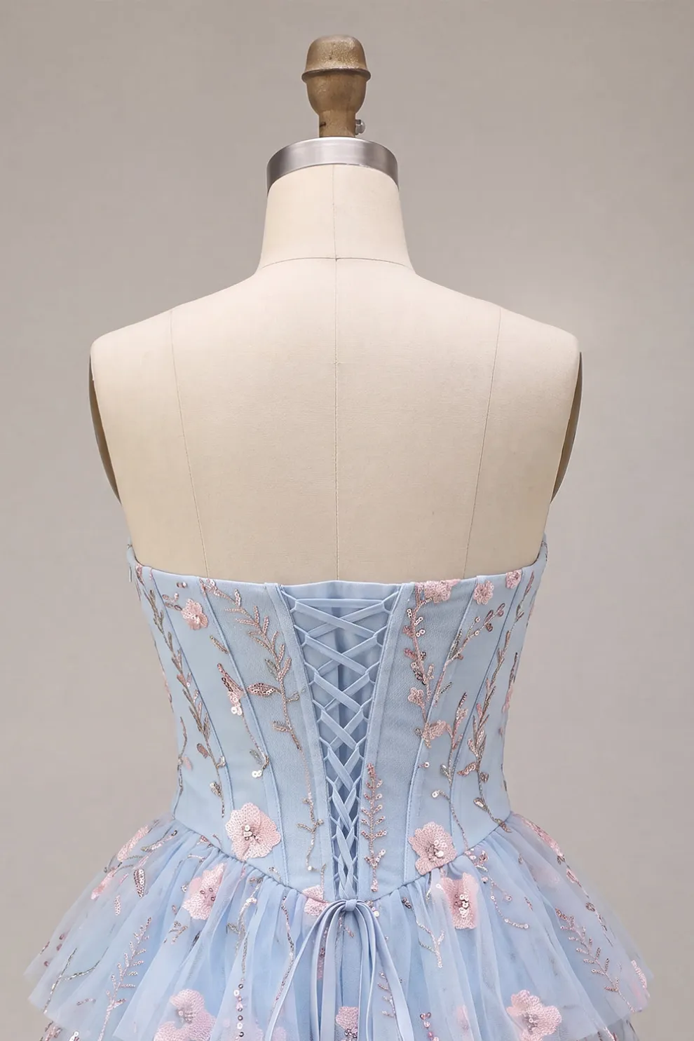 Sparkly Sequins Light Blue Floral Corset Ruffled A-Line Short Homecoming Dress