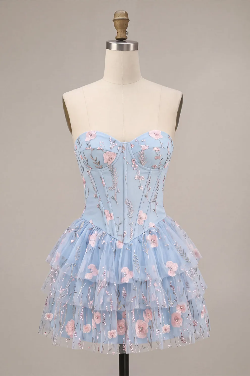 Sparkly Sequins Light Blue Floral Corset Ruffled A-Line Short Homecoming Dress