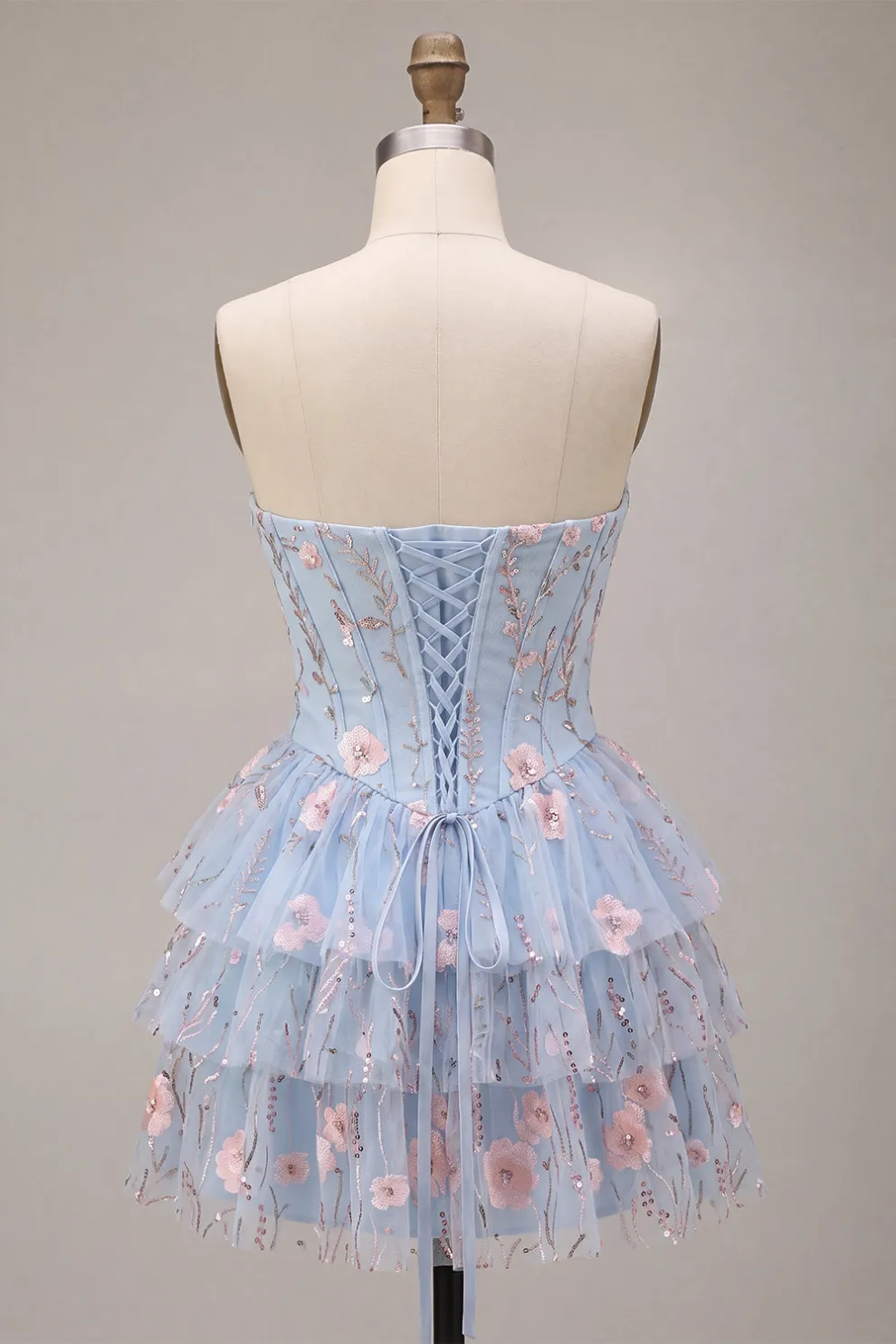Sparkly Sequins Light Blue Floral Corset Ruffled A-Line Short Homecoming Dress