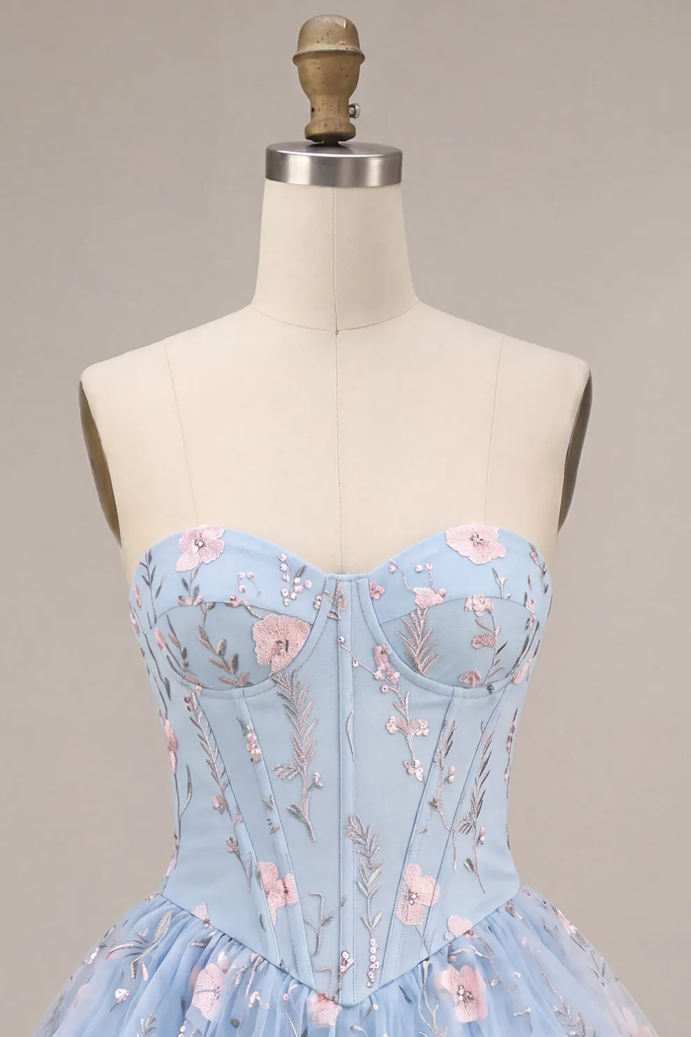 Sparkly Sequins Light Blue Floral Corset Ruffled A-Line Short Homecoming Dress