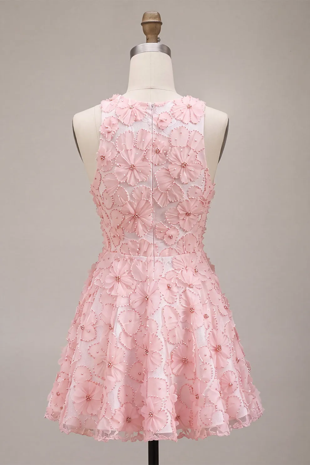 Pink Sparkly Beaded Floral A-Line Round Neck Short Homeocming Dress
