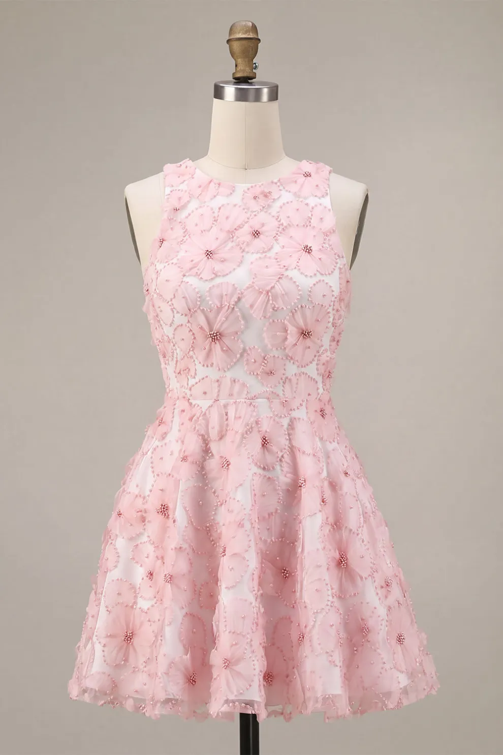 Pink Sparkly Beaded Floral A-Line Round Neck Short Homeocming Dress