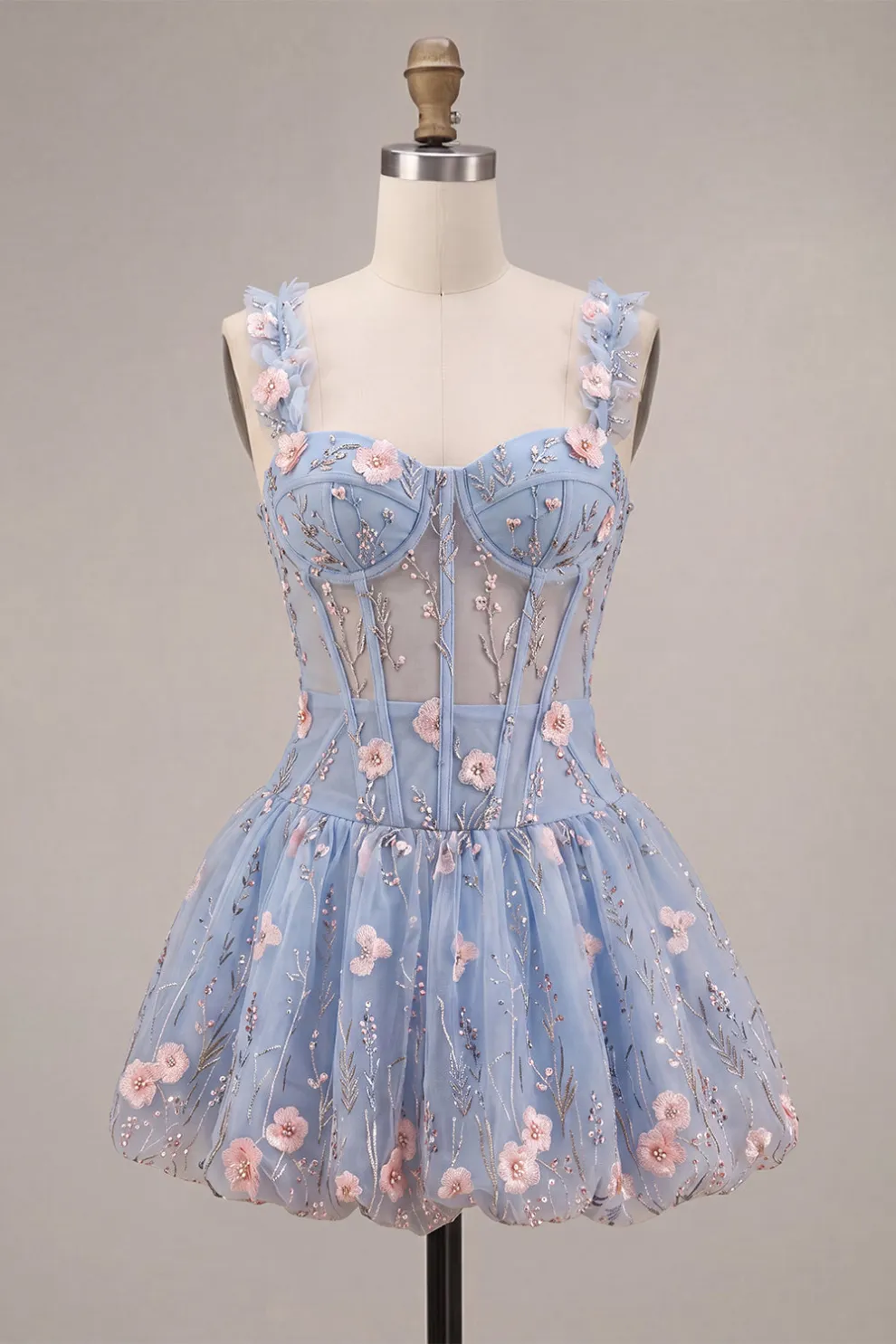 Light Blue Floral Sparkly Sequins Corset Bubble Short A-Line Homecoming Dress