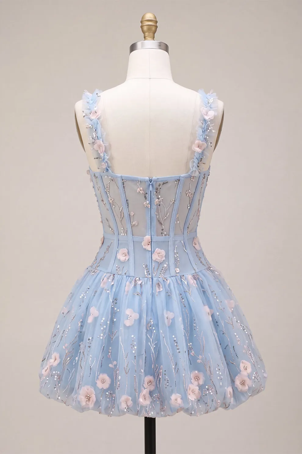 Light Blue Floral Sparkly Sequins Corset Bubble Short A-Line Homecoming Dress