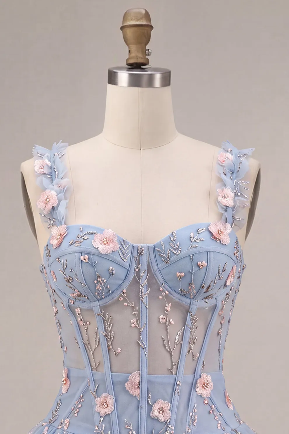 Light Blue Floral Sparkly Sequins Corset Bubble Short A-Line Homecoming Dress