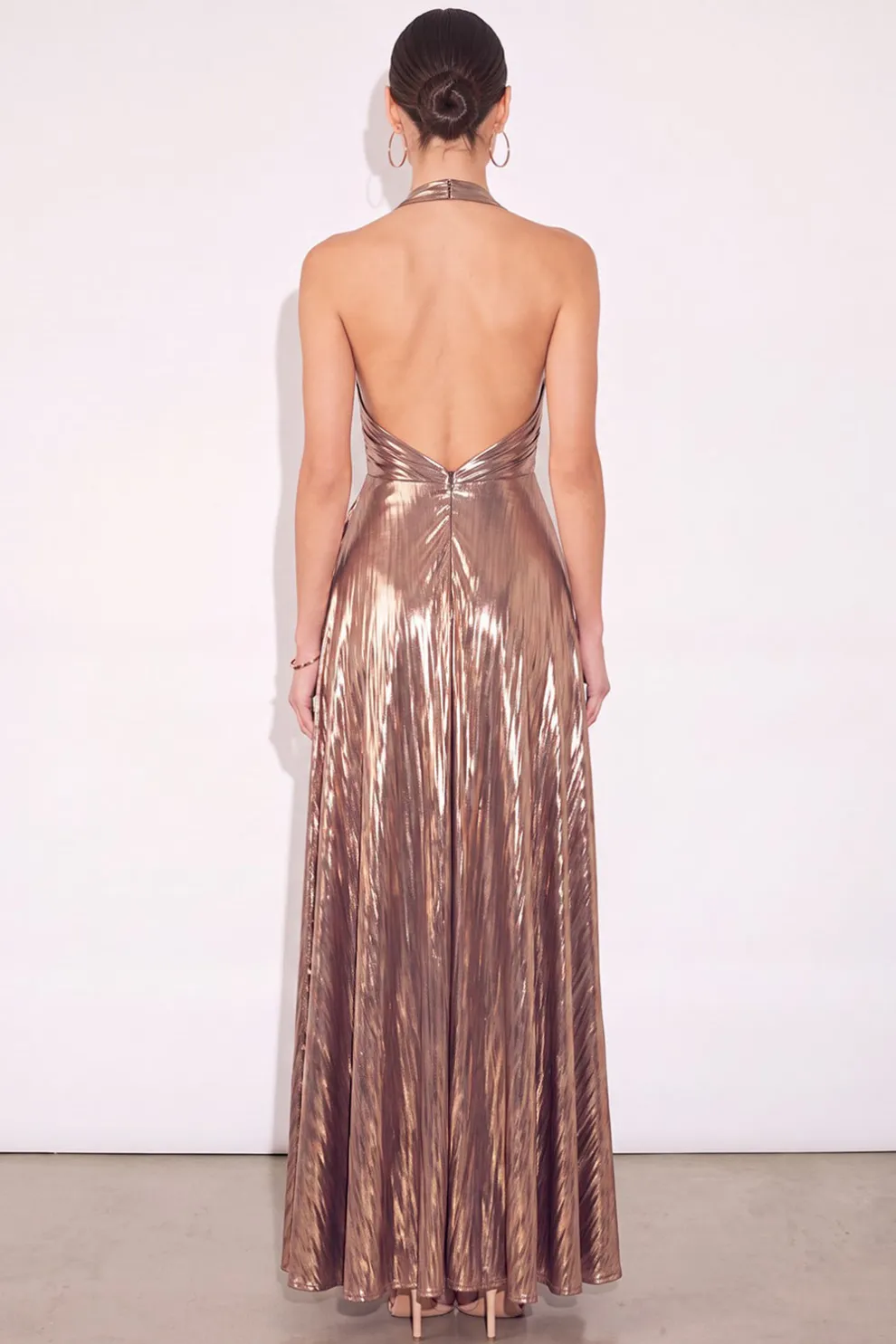 Sparkly Golden A Line Halter Ruched Maxi Formal Dress with Slit