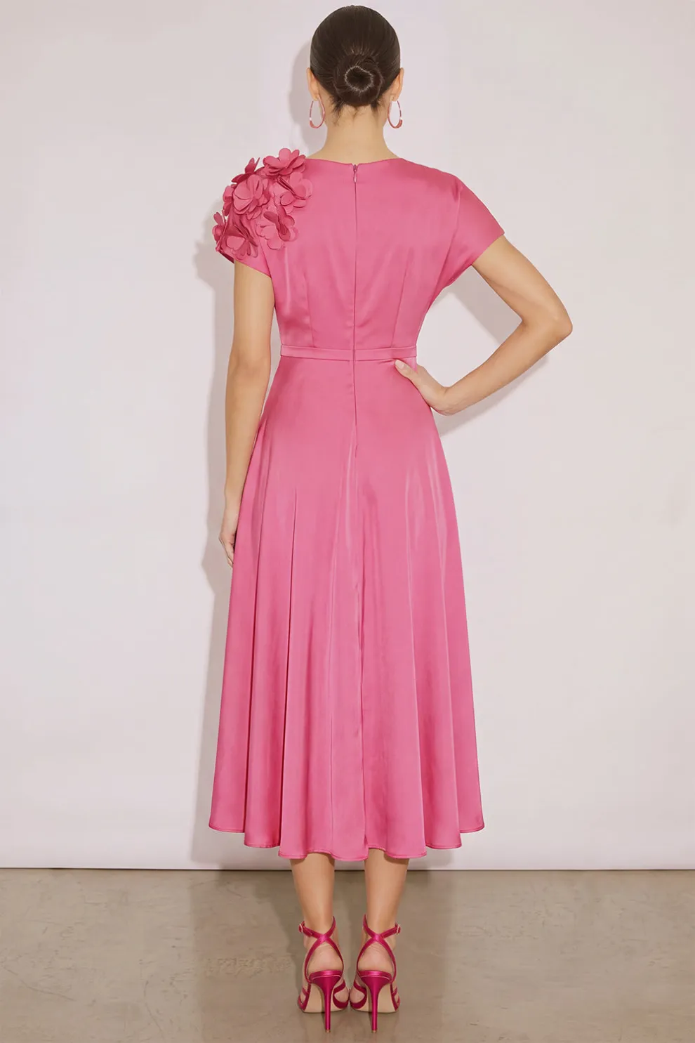Fuchsia A Line Cowl Neck Long Wedding Guest Dress with 3D Flower
