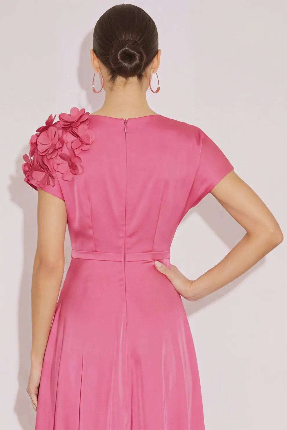 Fuchsia A Line Cowl Neck Long Wedding Guest Dress with 3D Flower