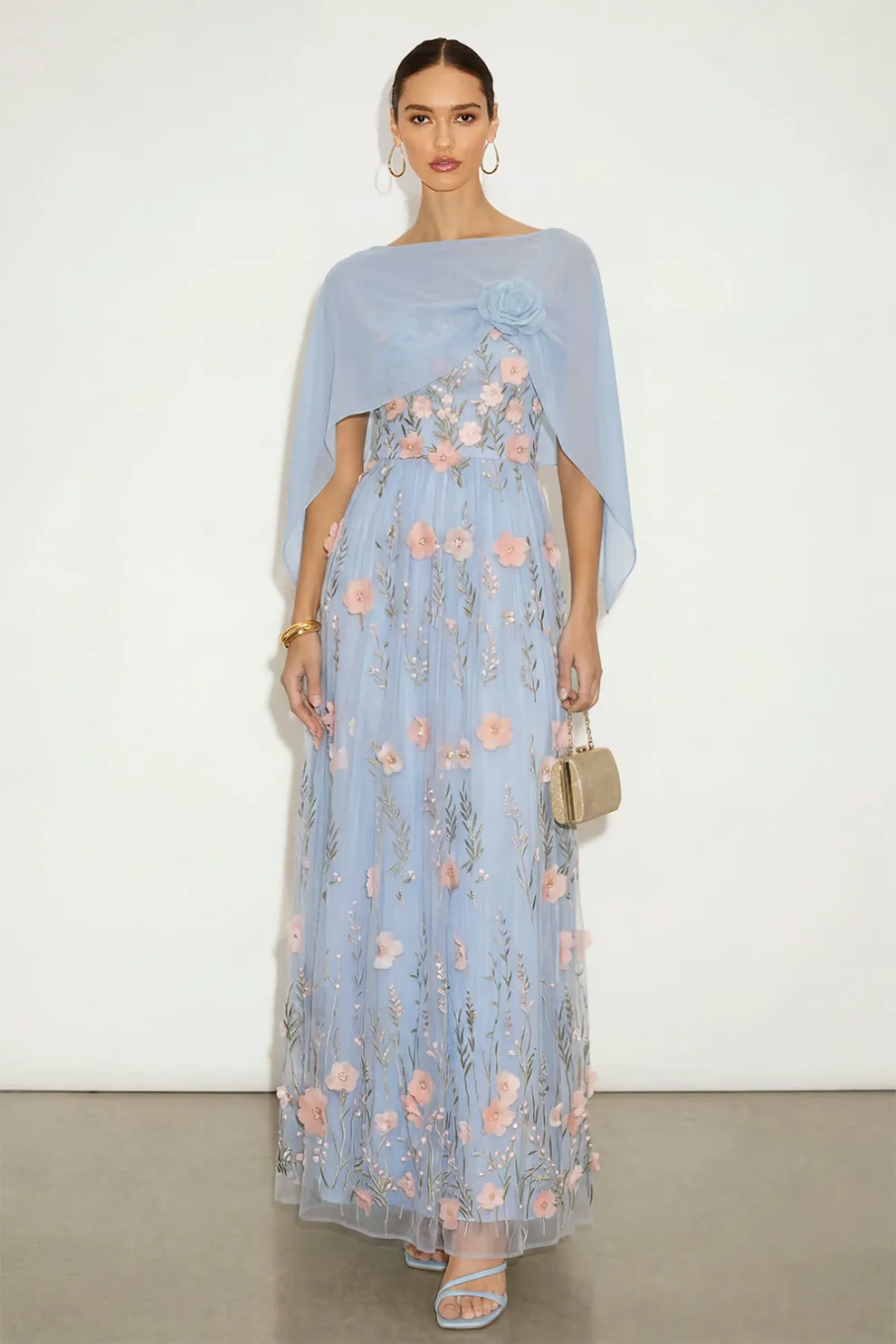 Light Blue Floral Long A-Line Wedding Guest Dress with Cape