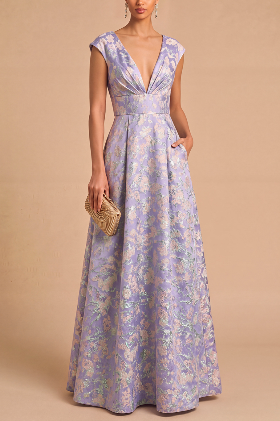 Purple Jacquard Floral A-Line V-Neck Long Wedding Guest Dress