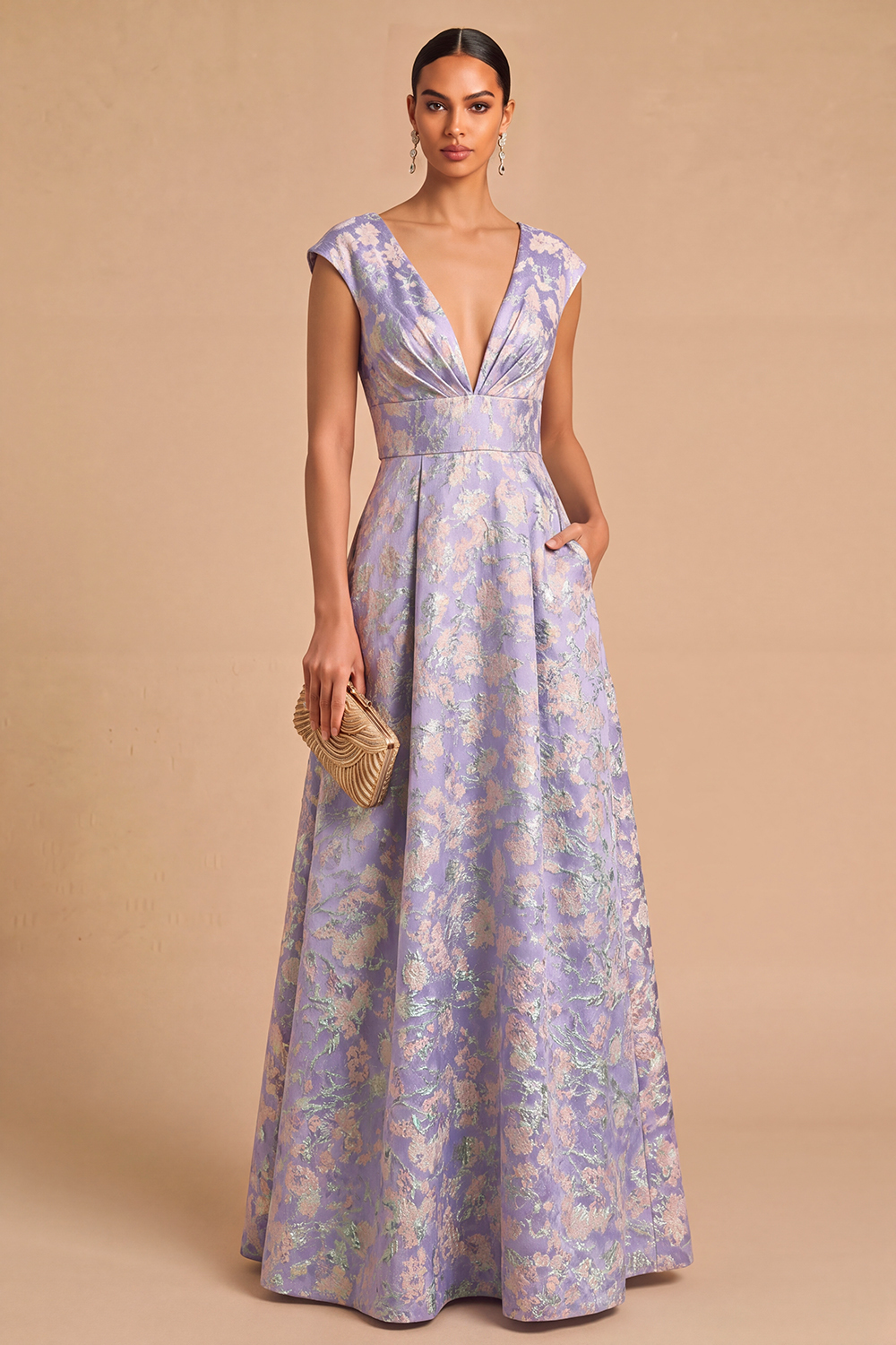 Purple Jacquard Floral A-Line V-Neck Long Wedding Guest Dress