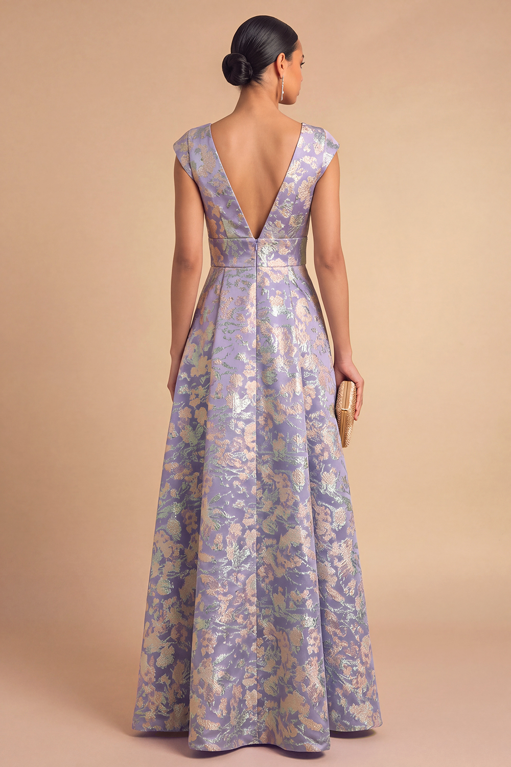 Purple Jacquard Floral A-Line V-Neck Long Wedding Guest Dress