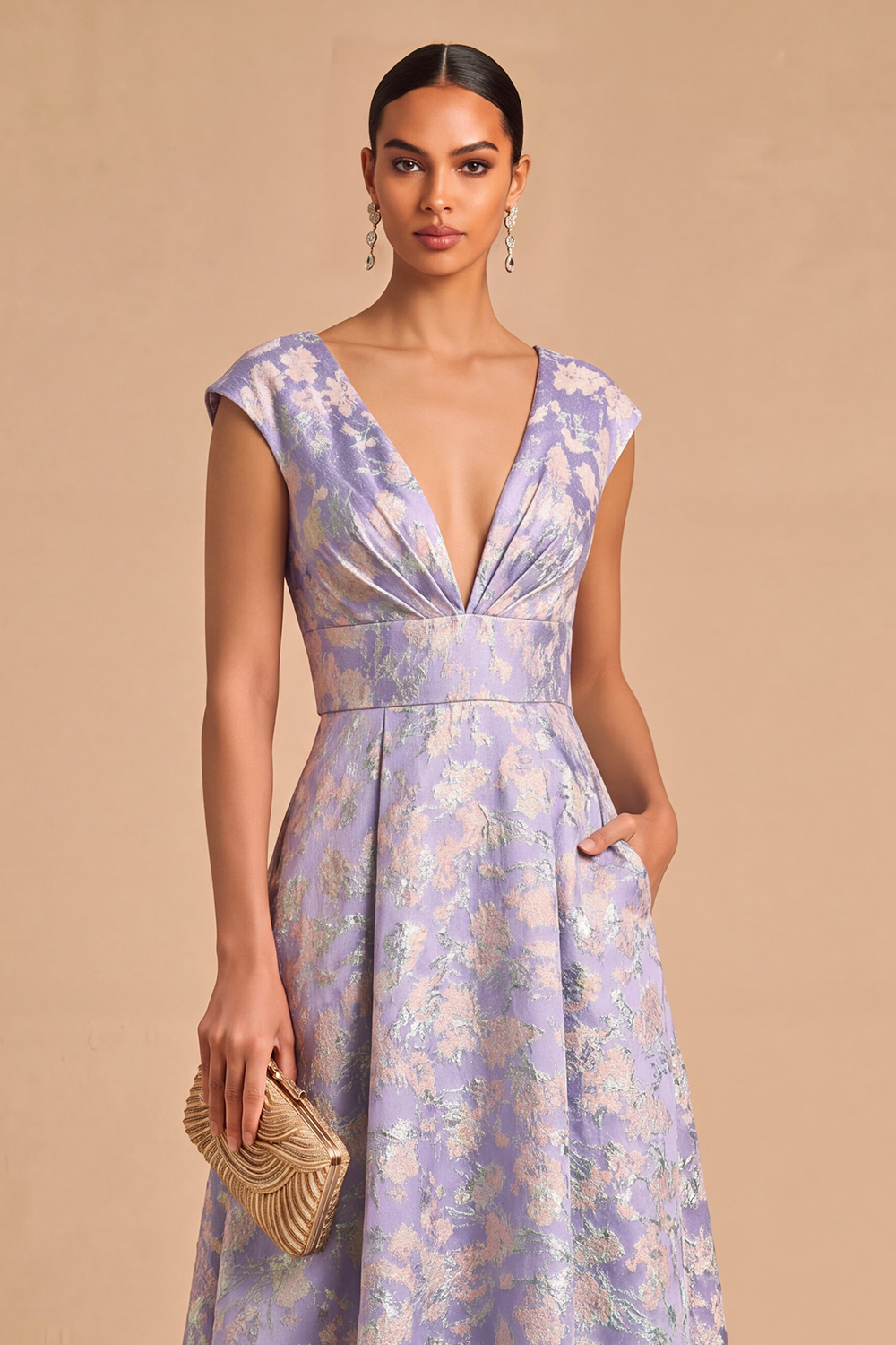 Purple Jacquard Floral A-Line V-Neck Long Wedding Guest Dress