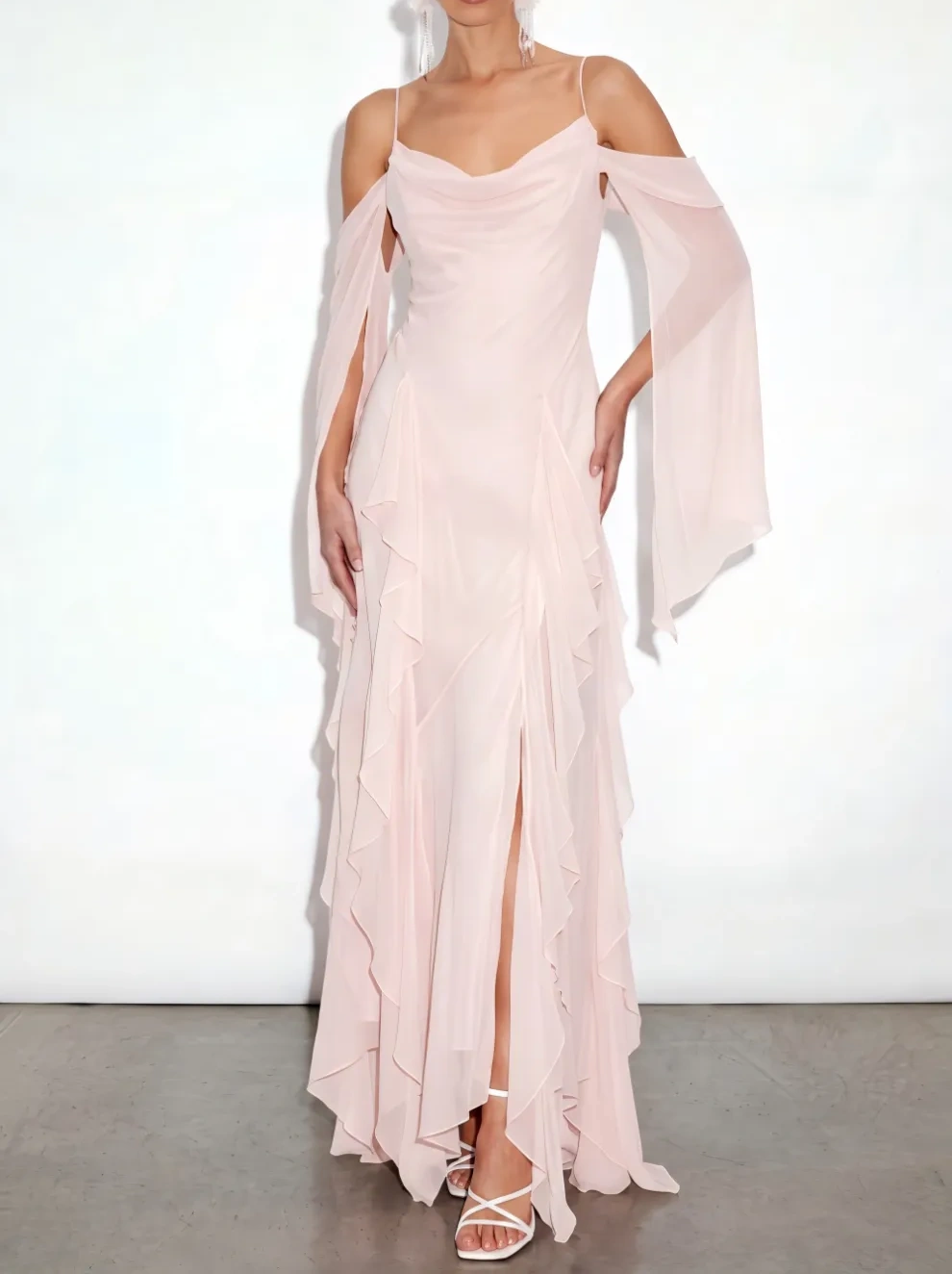 Blushing Pink Ruffled Long Formal Dress with Slit