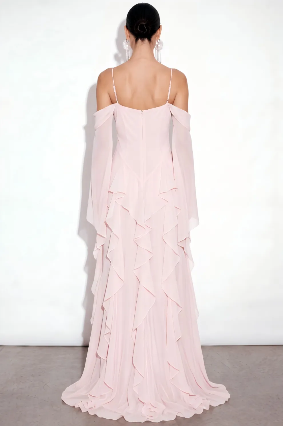 Blushing Pink Ruffled Long Formal Dress with Slit