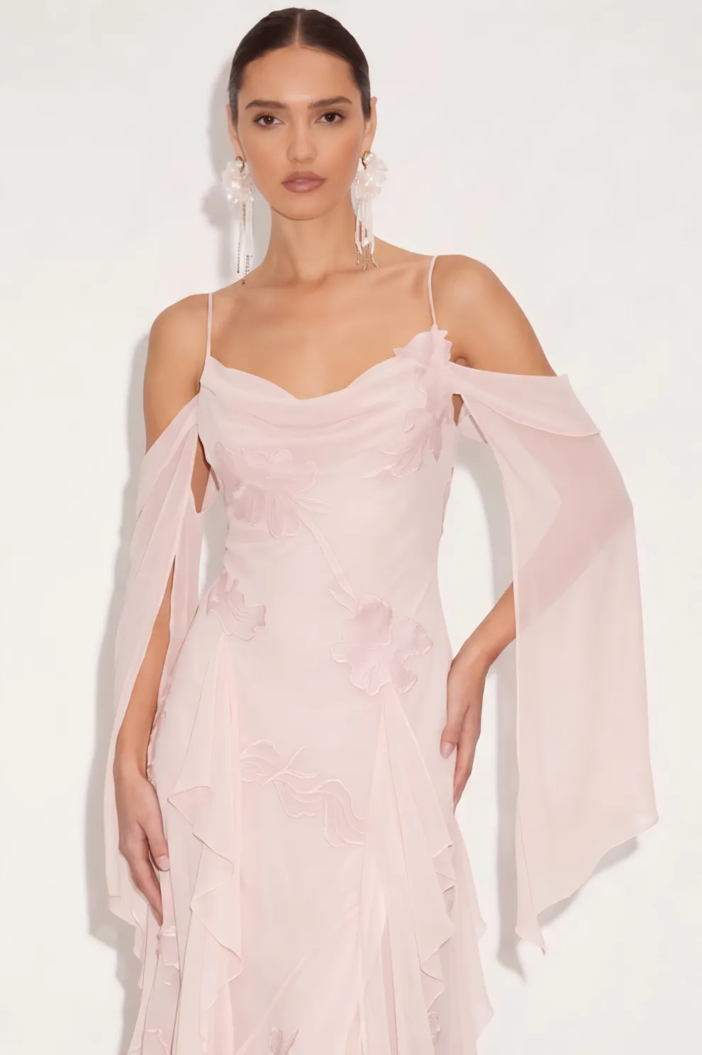 Blushing Pink Ruffled Long Formal Dress with Slit