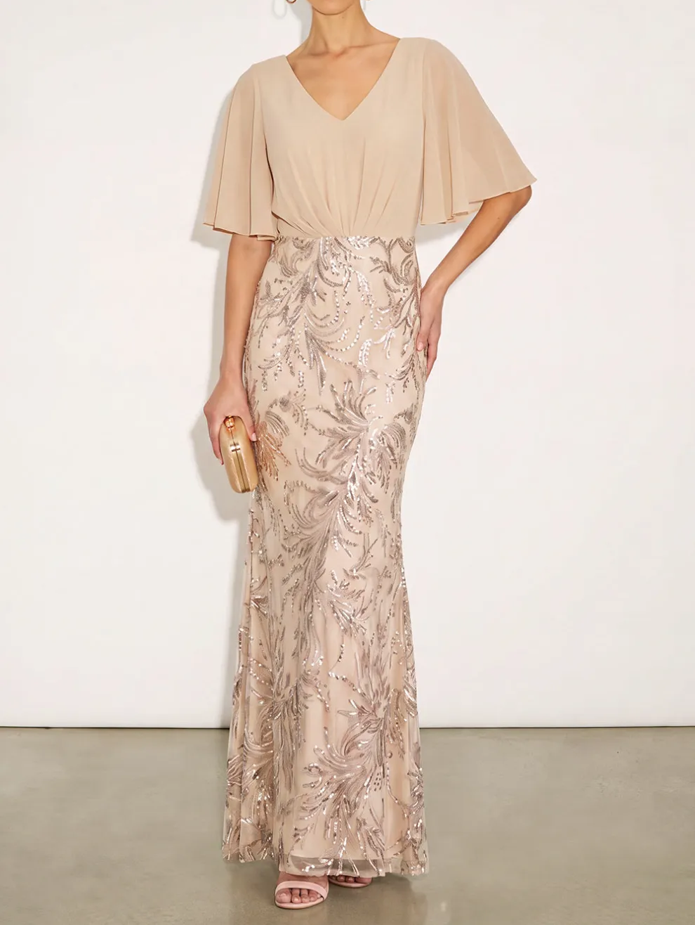Sparkly Champagne Mermaid Flutter Sleeves Maxi Formal Dress with Sequins