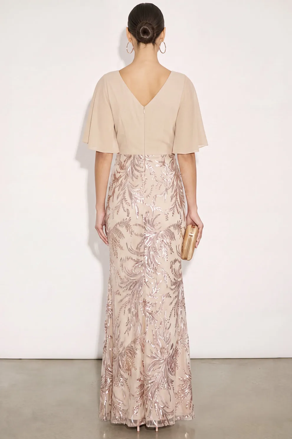 Sparkly Champagne Mermaid Flutter Sleeves Maxi Formal Dress with Sequins