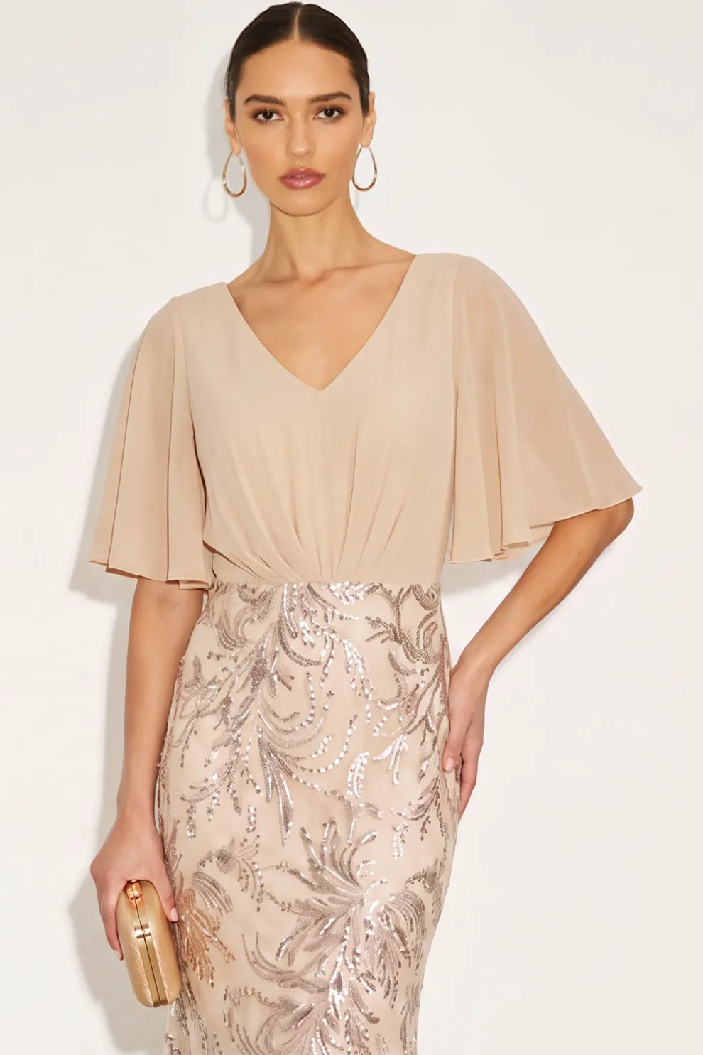 Sparkly Champagne Mermaid Flutter Sleeves Maxi Formal Dress with Sequins