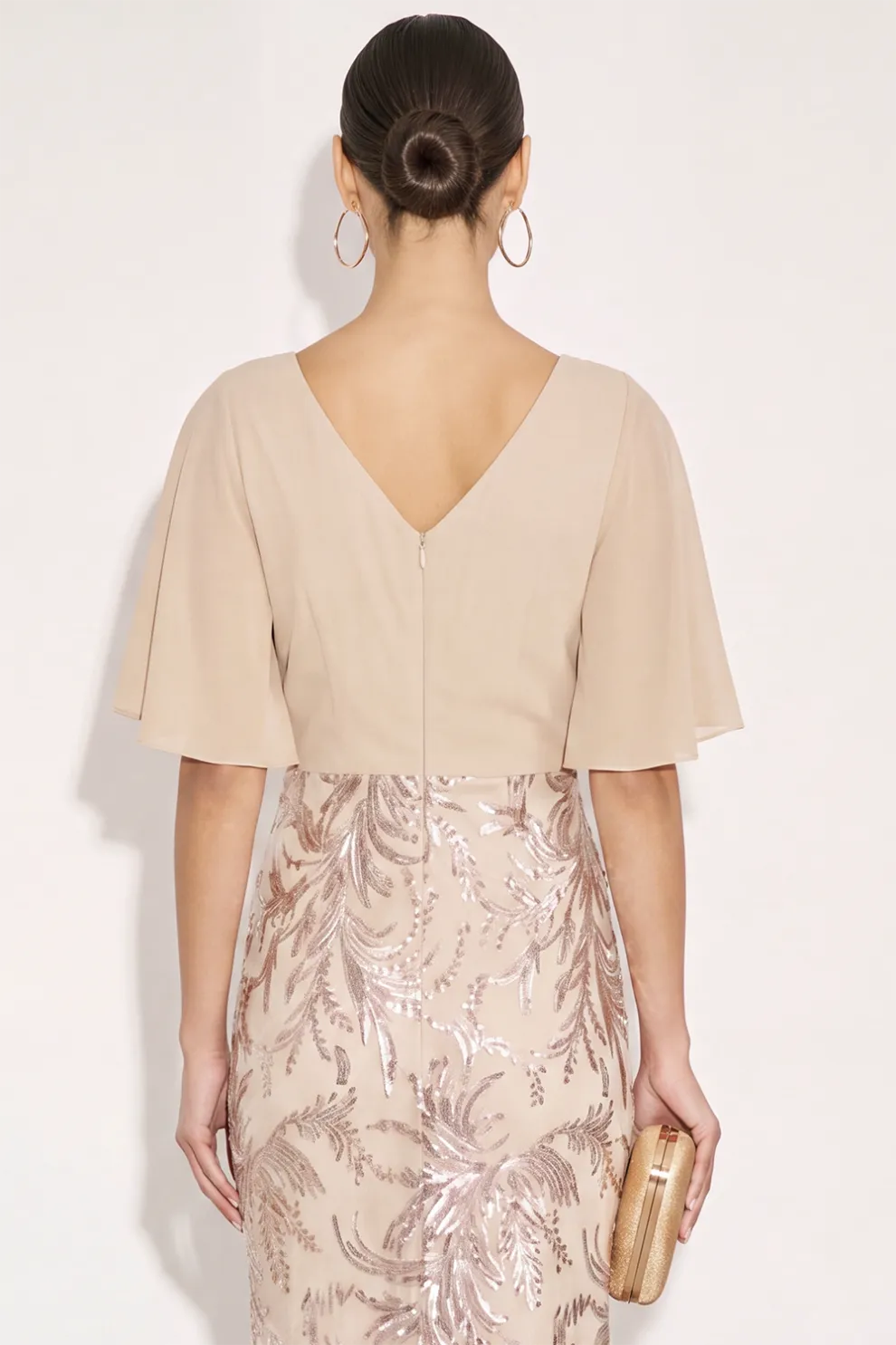 Sparkly Champagne Mermaid Flutter Sleeves Maxi Formal Dress with Sequins