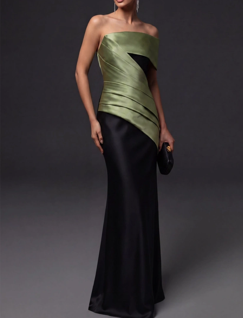 Green Off Shoulder Mermaid Satin Maxi Evening Dress