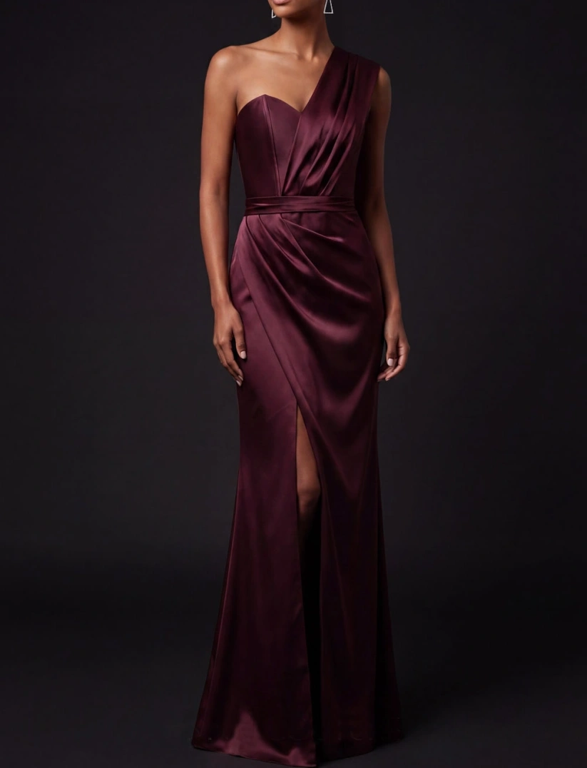 Burgundy One Shoulder Ruched Satin Maxi Formal Dress with Slit