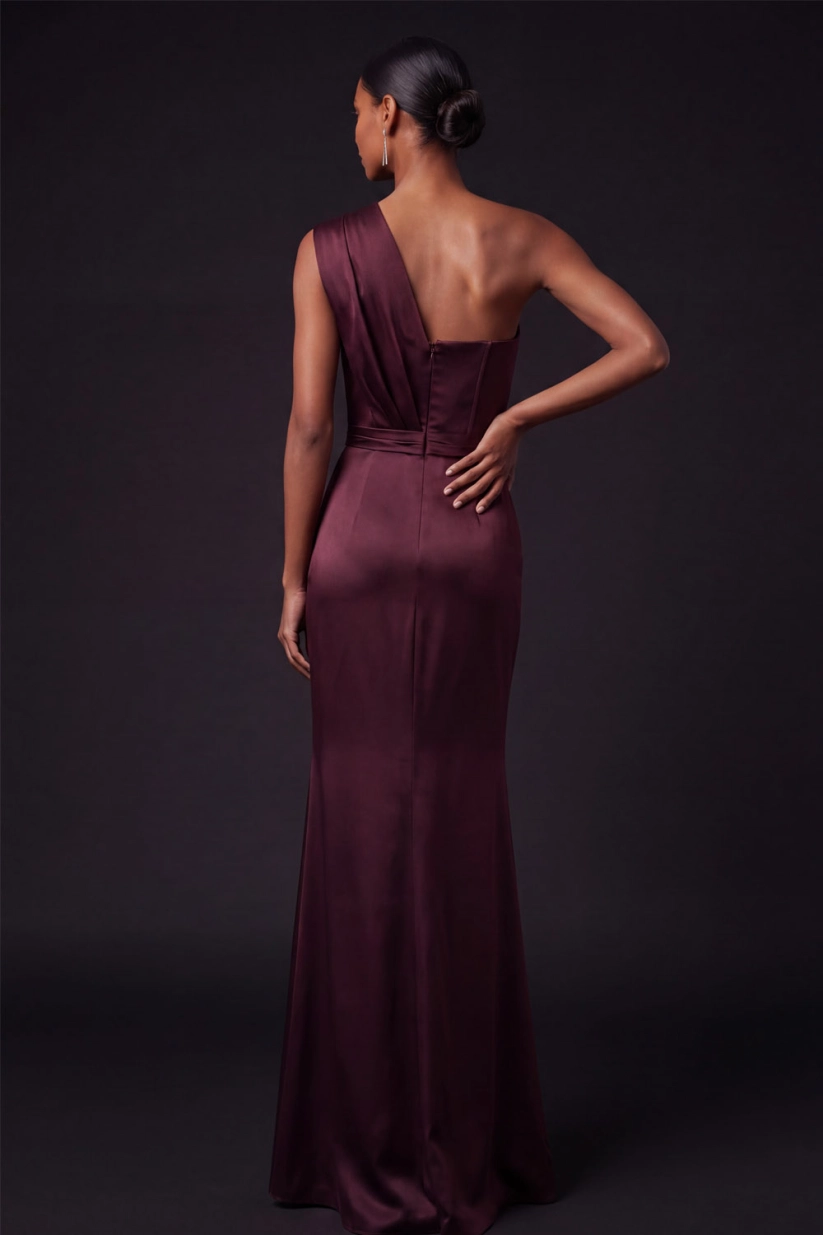 Burgundy One Shoulder Ruched Satin Maxi Formal Dress with Slit