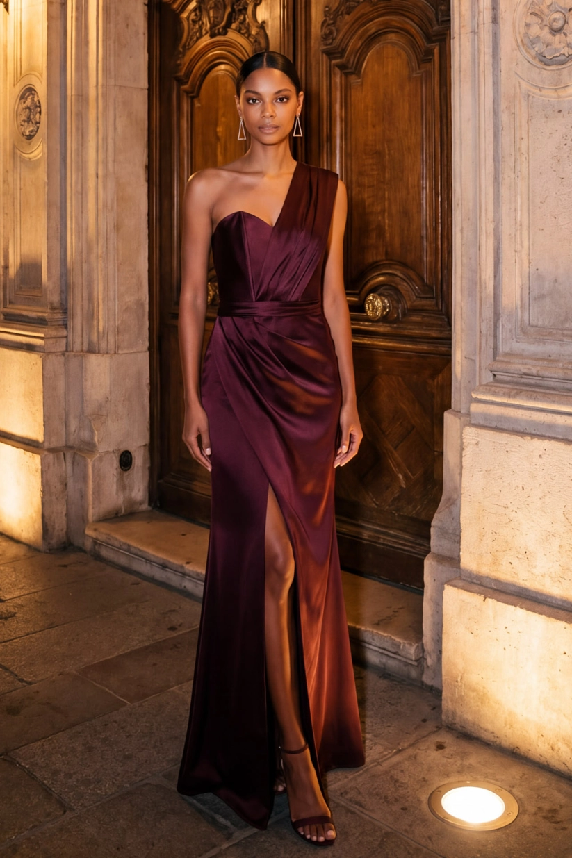 Burgundy One Shoulder Ruched Satin Maxi Formal Dress with Slit