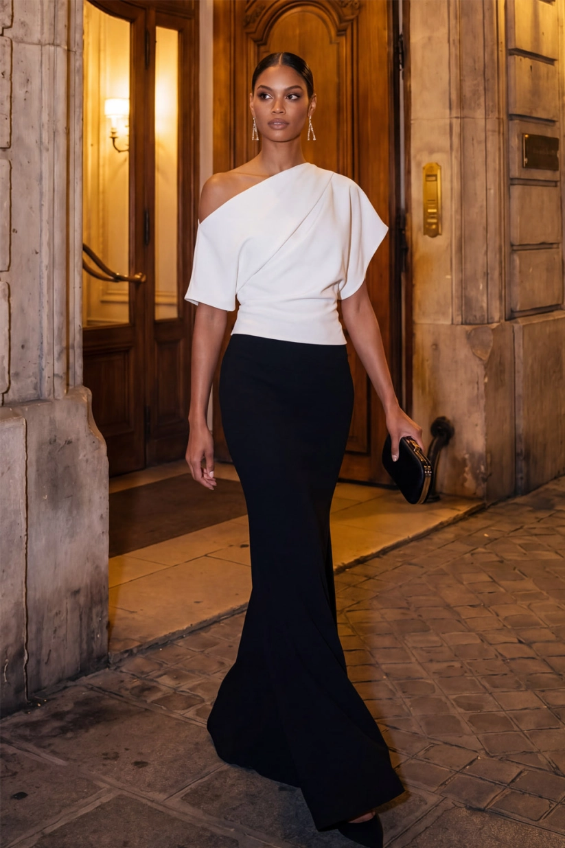 Black White Mermaid Off Shoulder Long Formal Evening Dress