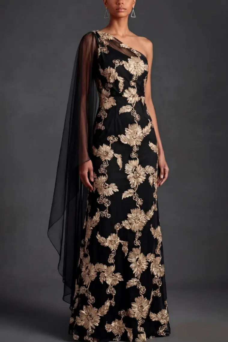 Black Embroidered Floral Dresses One Shoulder Formal Evening Dress with Sash