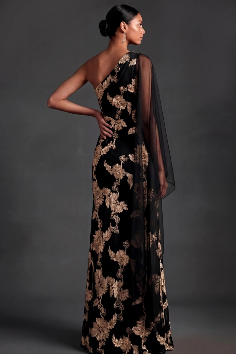 Black Embroidered Floral Dresses One Shoulder Formal Evening Dress with Sash