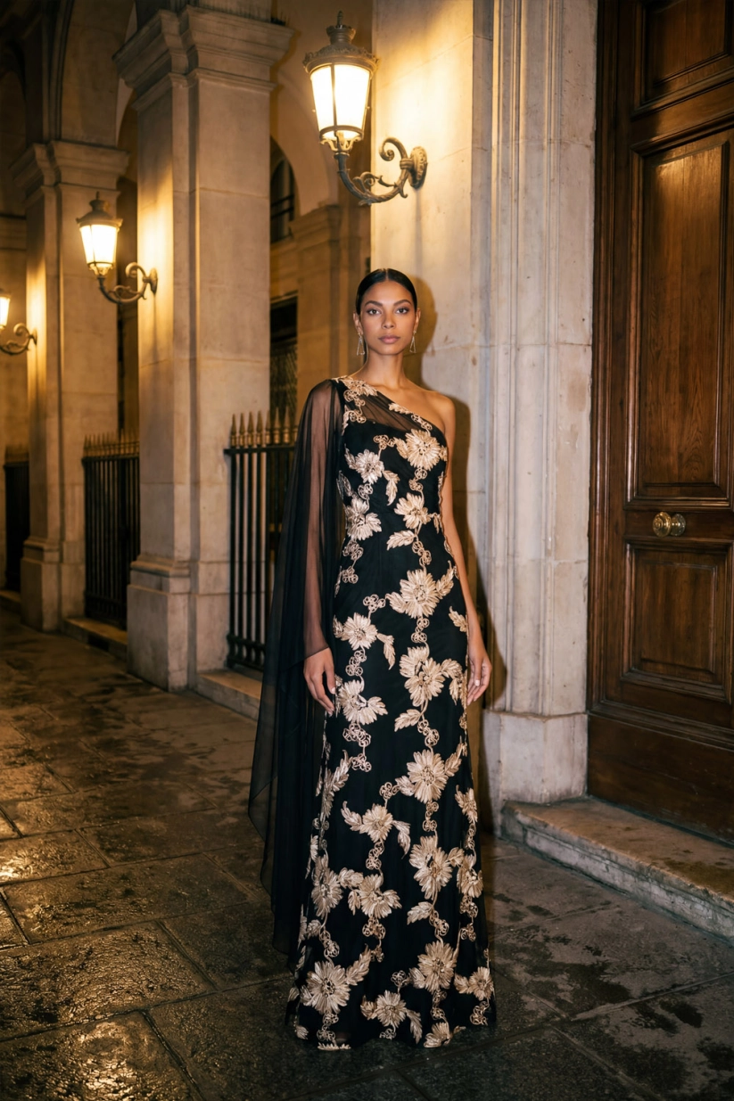 Black Embroidered Floral Dresses One Shoulder Formal Evening Dress with Sash