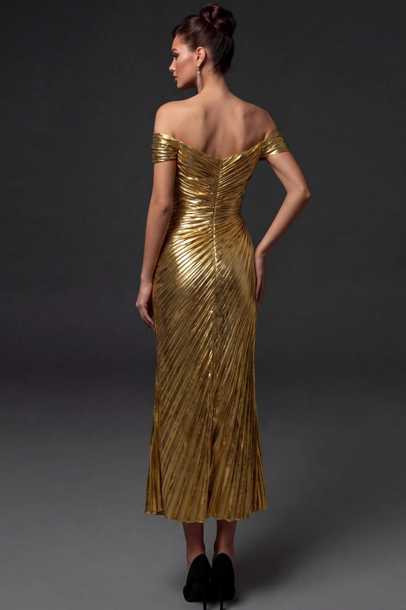 Golden Off Shoulder Pleated Metallic Midi Evening Dress