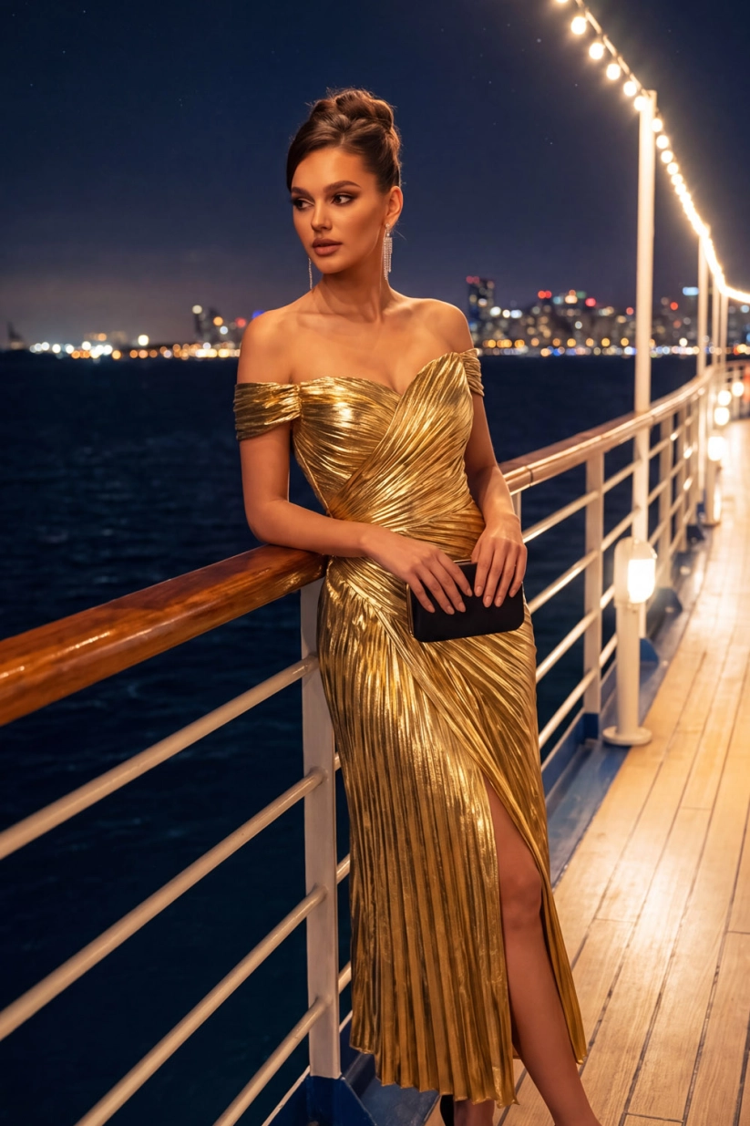 Golden Off Shoulder Pleated Metallic Midi Evening Dress