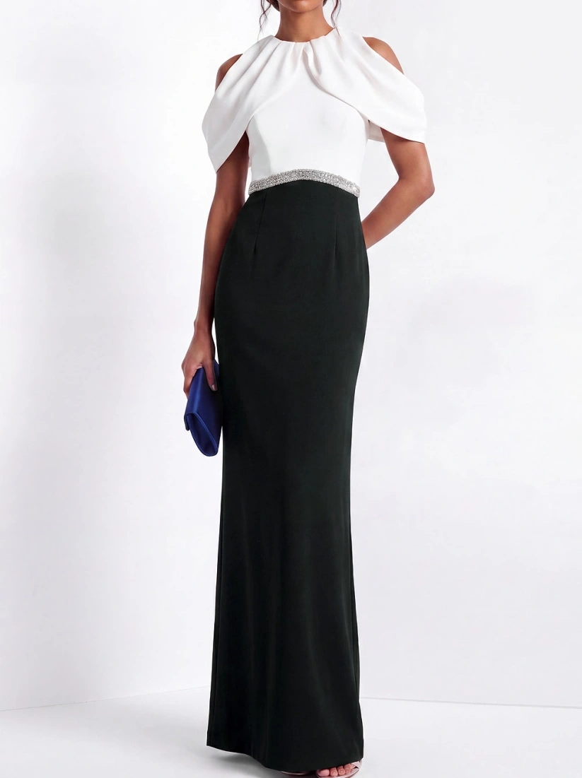 Black White Sheath Cold Shoulder Formal Evening Dress