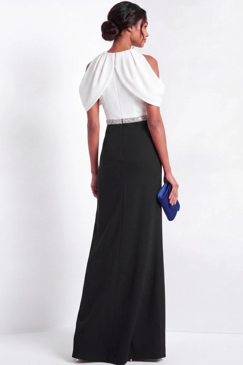 Black White Sheath Cold Shoulder Formal Evening Dress