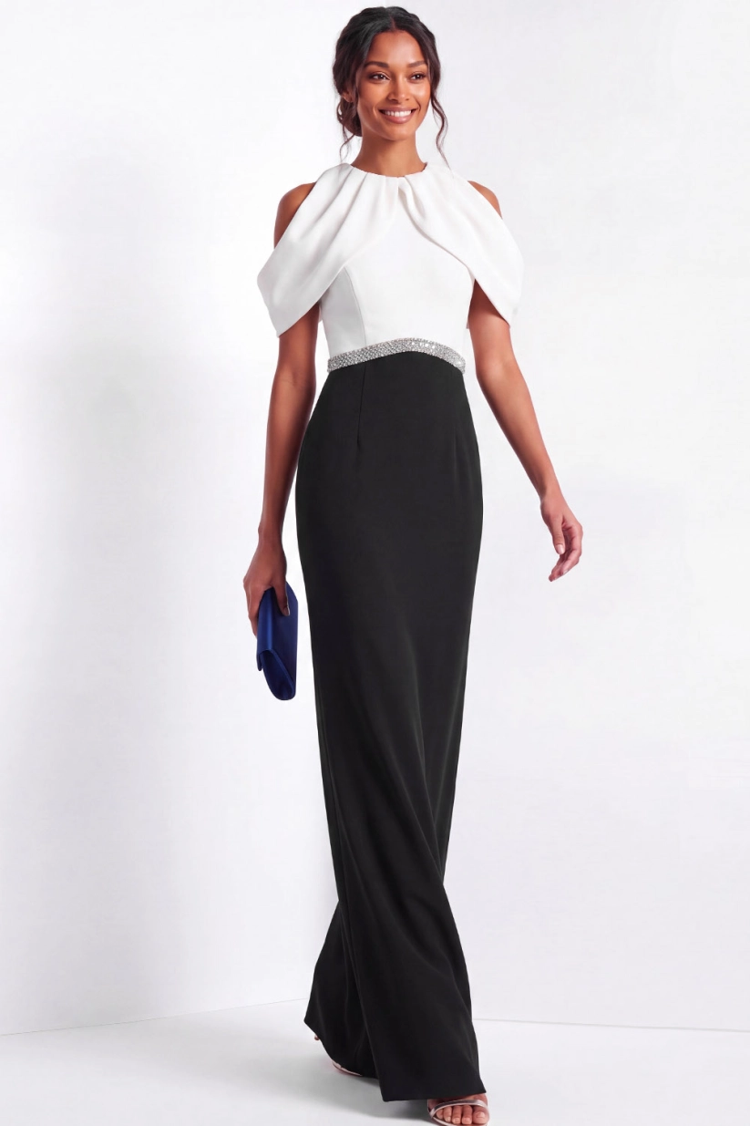 Black White Sheath Cold Shoulder Formal Evening Dress