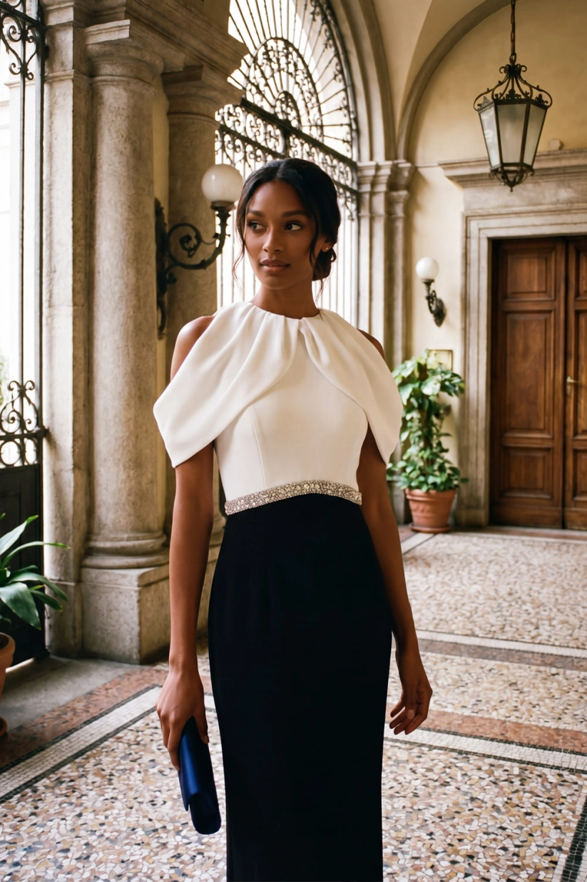Black White Sheath Cold Shoulder Formal Evening Dress