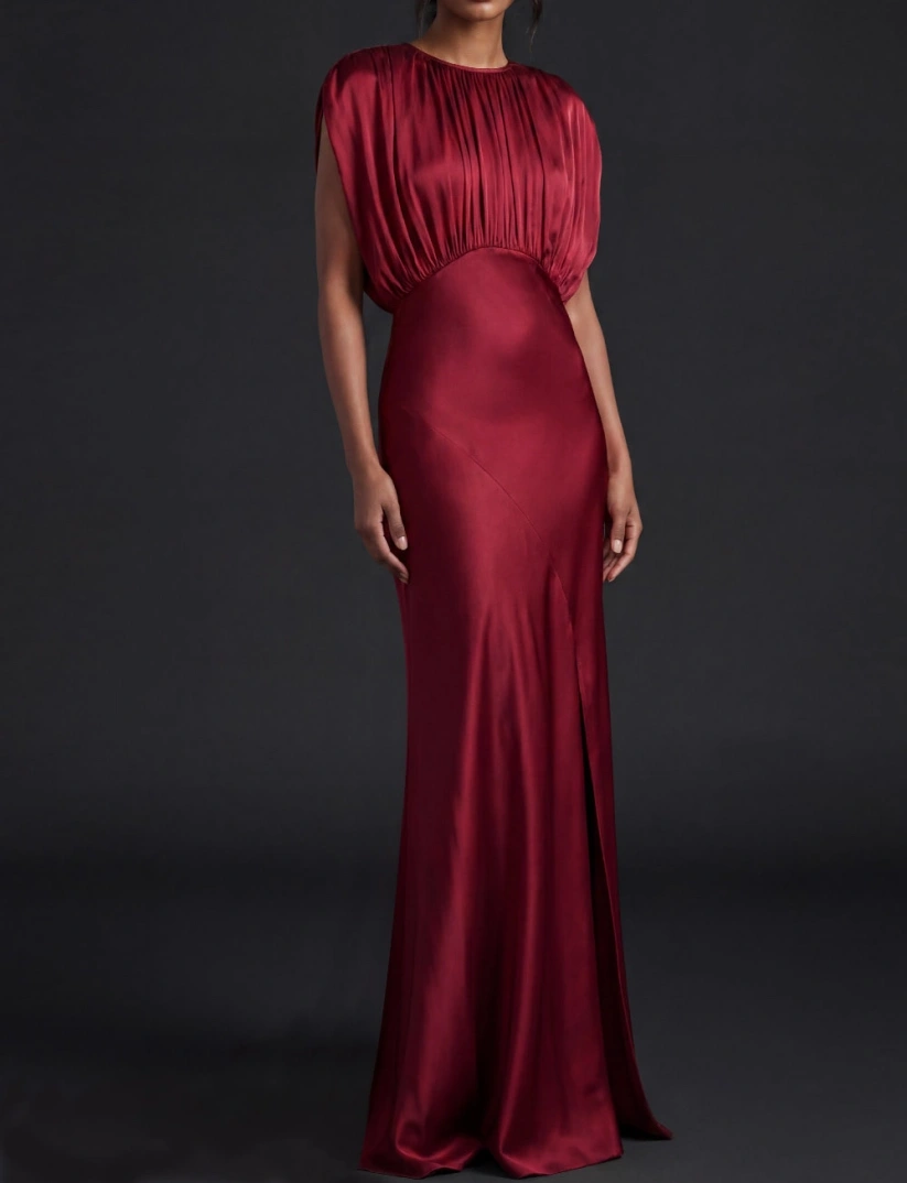 Burgundy Round Neck Mermaid Ruched Formal Evening Dress