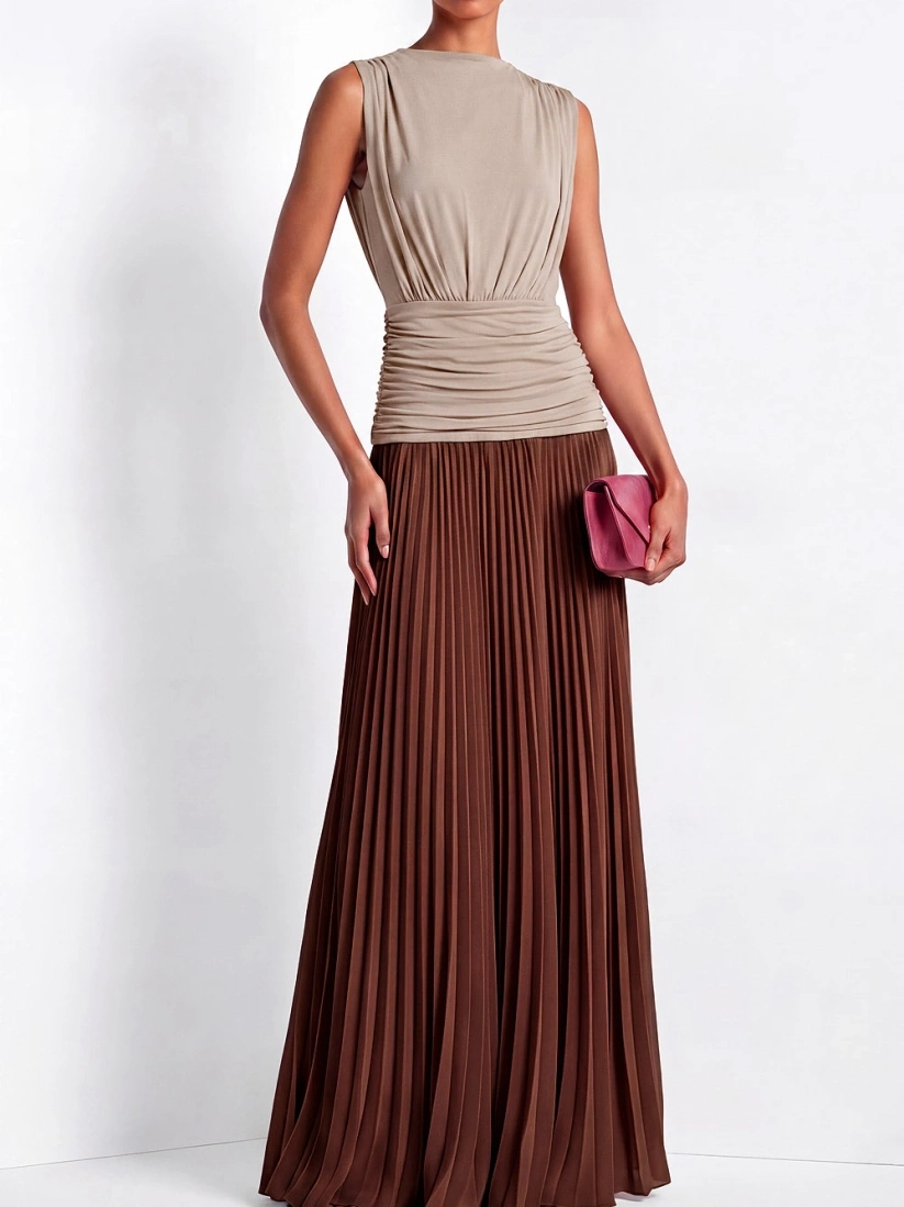 Brown A-Line Pleated Chiffon Formal Evening Dress