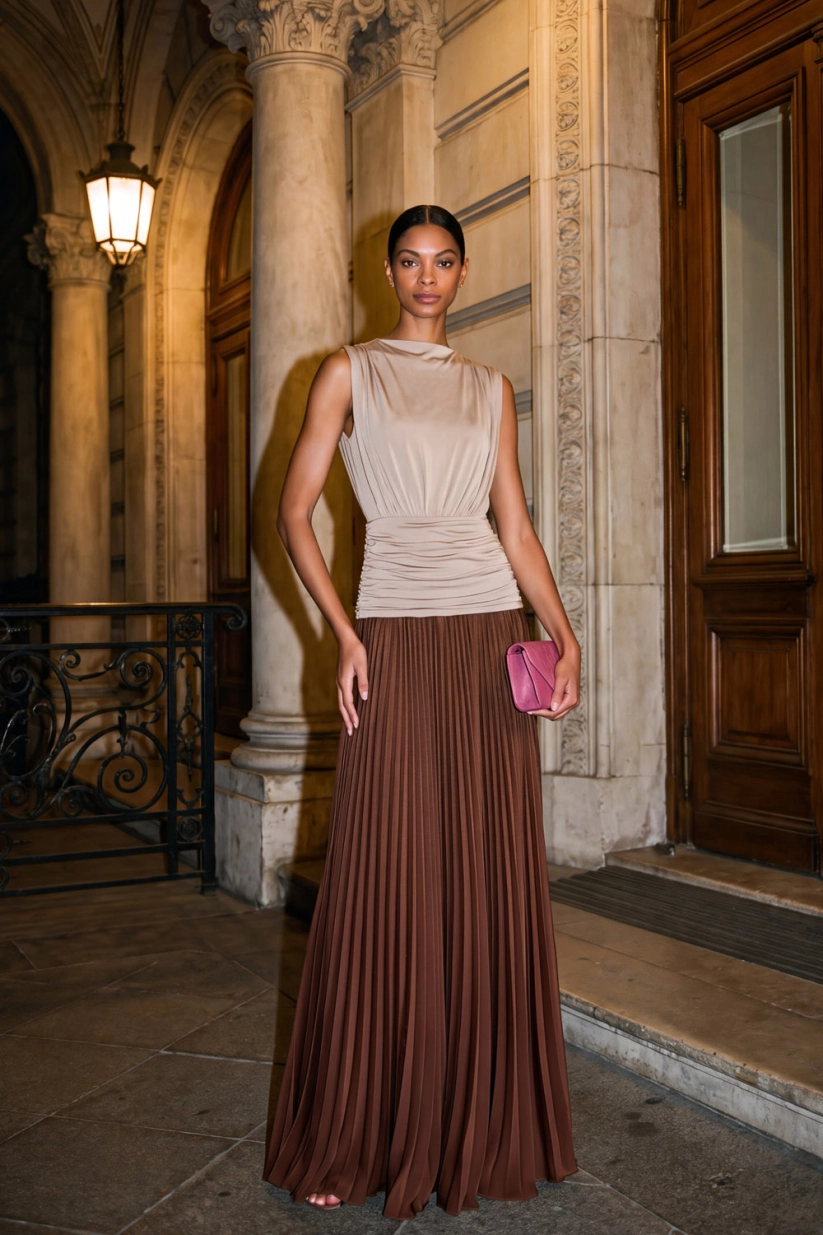 Brown A-Line Pleated Chiffon Formal Evening Dress
