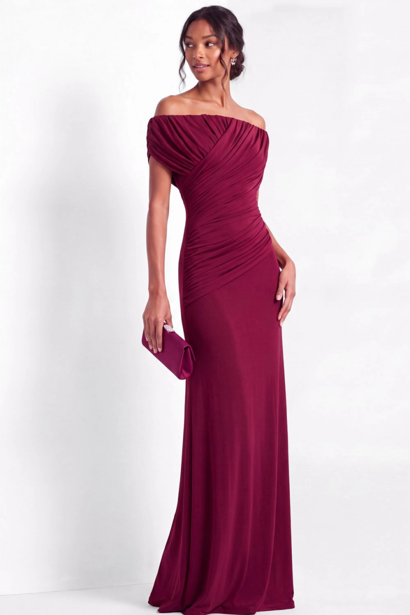 Dark Green Off Shoulder Ruched Wedding Guest Dress