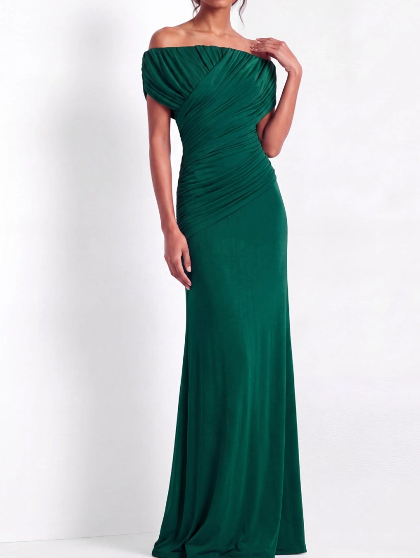 Dark Green Off Shoulder Ruched Wedding Guest Dress